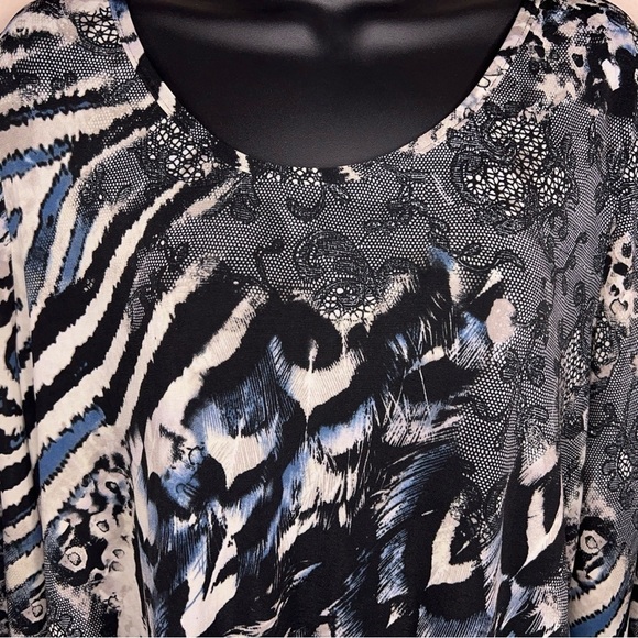 XL VINTAGE 90s PERSEPTION LEOPARD ANIMAL PRINT BLOUSE TOP STRETCH BLUE BLACK - Picture 4 of 9